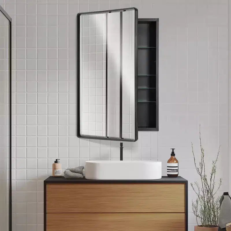 Organisateur de rangement mural en métal noir 21"x34" avec étagères en verre