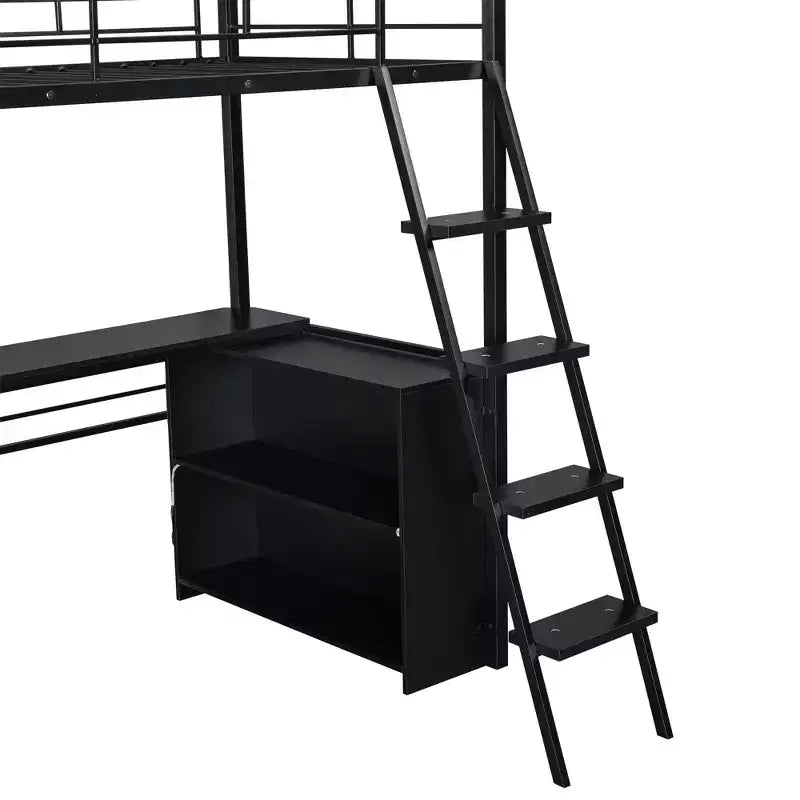 Lit mezzanine double/grand format en métal avec lumière LED, bureau et 4 étagères de rangement, noir