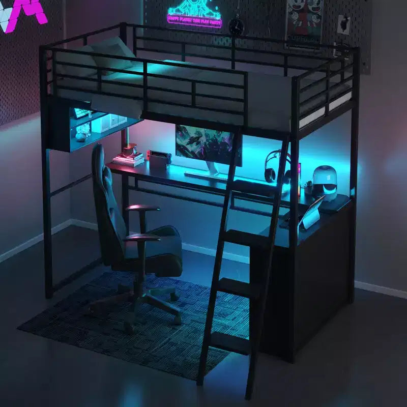 Lit mezzanine double/grand format en métal avec lumière LED, bureau et 4 étagères de rangement, noir