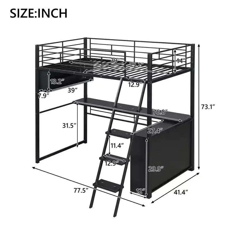 Lit mezzanine double/grand format en métal avec lumière LED, bureau et 4 étagères de rangement, noir