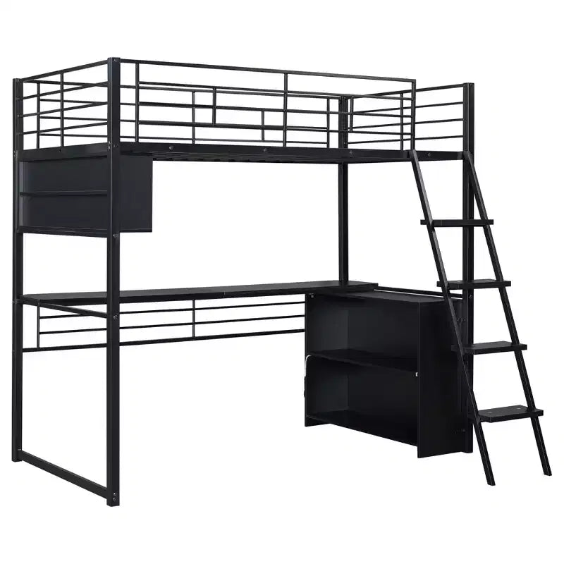 Lit mezzanine double/grand format en métal avec lumière LED, bureau et 4 étagères de rangement, noir