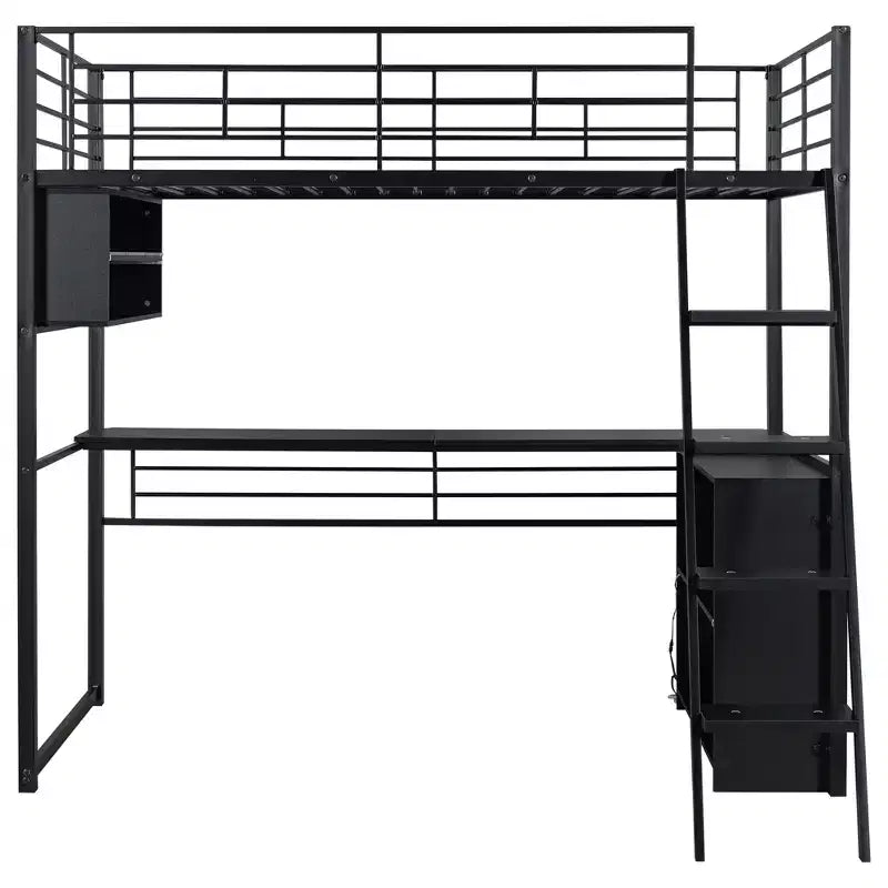 Lit mezzanine double/grand format en métal avec lumière LED, bureau et 4 étagères de rangement, noir