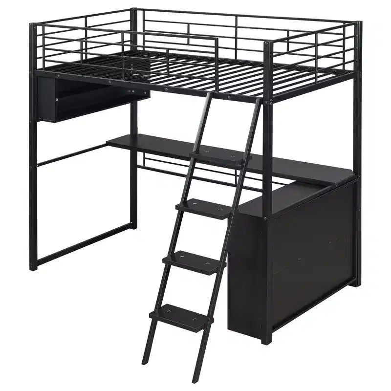 Lit mezzanine double/grand format en métal avec lumière LED, bureau et 4 étagères de rangement, noir