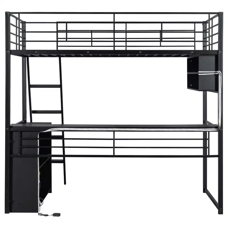 Lit mezzanine double/grand format en métal avec lumière LED, bureau et 4 étagères de rangement, noir