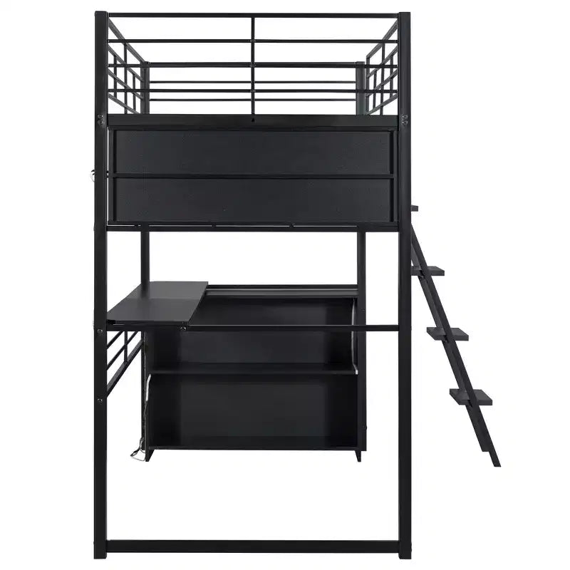 Lit mezzanine double/grand format en métal avec lumière LED, bureau et 4 étagères de rangement, noir
