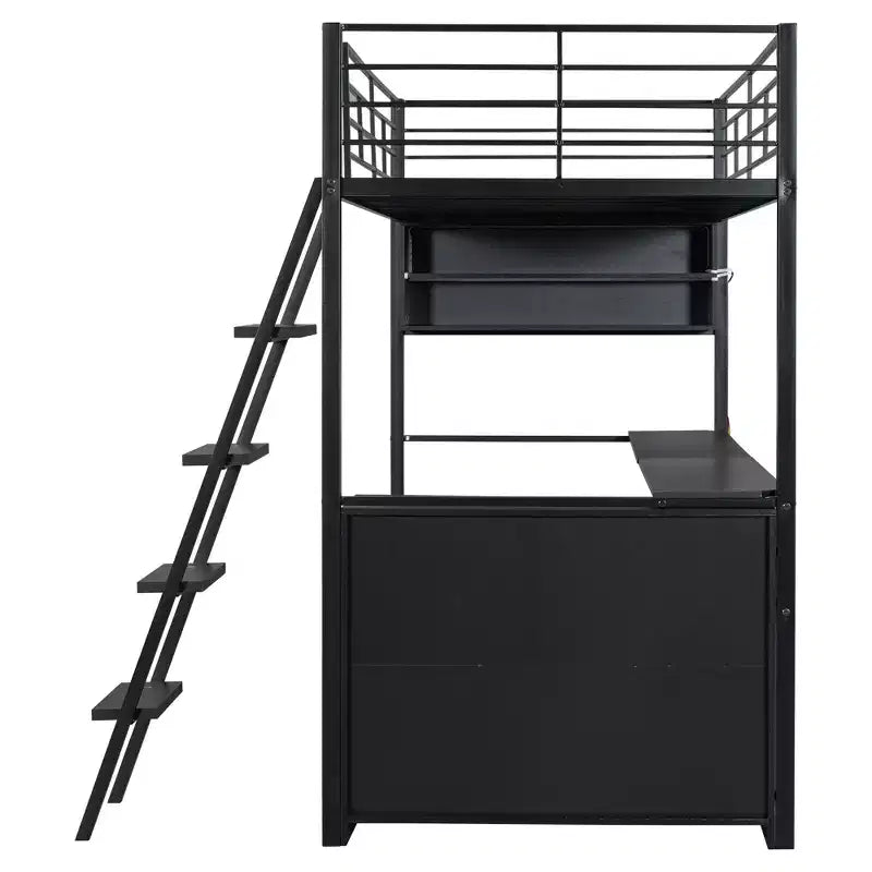 Lit mezzanine double/grand format en métal avec lumière LED, bureau et 4 étagères de rangement, noir