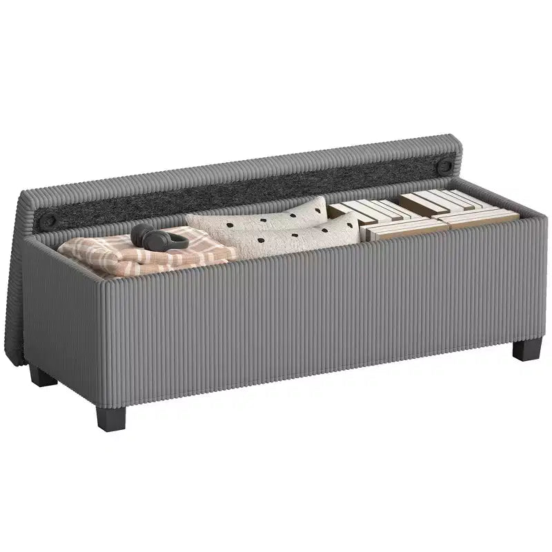 HOMCOM 44 Inches Storage Ottoman Bench, Corduroy End of Bed Foot Rest with Lid, Legs, Storage Chest for Living Room, Bedroom, Entryway, Gray