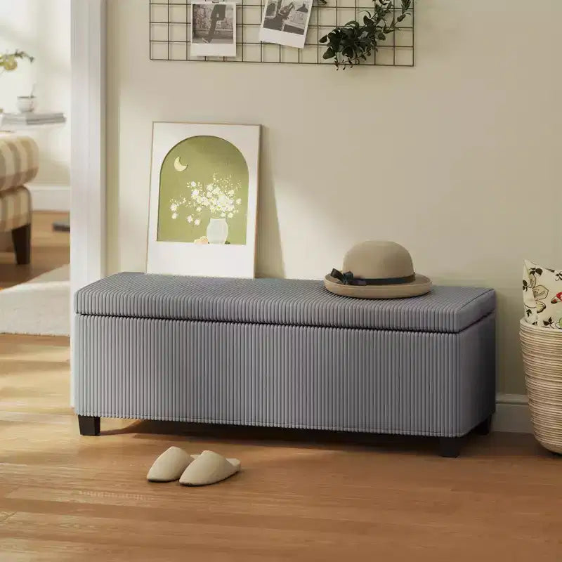 Banc Ottoman de Rangement de 112 cm, Repose-Pieds en Velours Côtelé Bout de Lit avec Couvercle, Pieds, Coffre de Rangement pour Salon, Chambre, Entrée, Gris