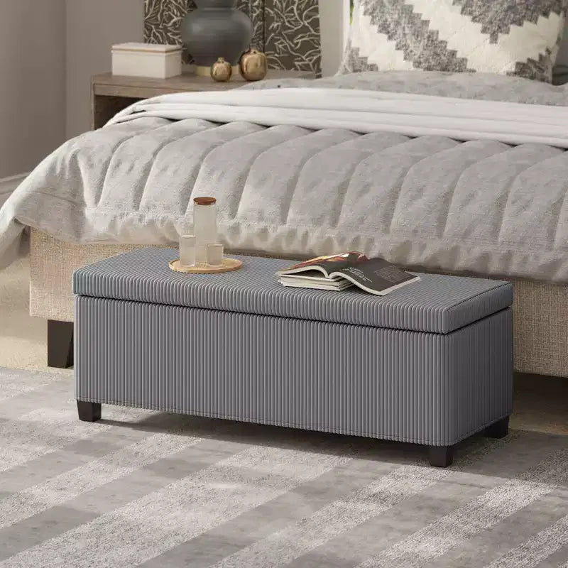 Banc Ottoman de Rangement de 112 cm, Repose-Pieds en Velours Côtelé Bout de Lit avec Couvercle, Pieds, Coffre de Rangement pour Salon, Chambre, Entrée, Gris