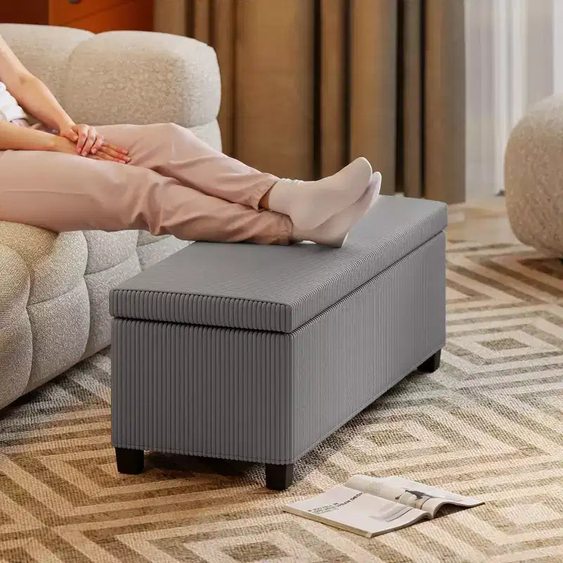Banc Ottoman de Rangement de 112 cm, Repose-Pieds en Velours Côtelé Bout de Lit avec Couvercle, Pieds, Coffre de Rangement pour Salon, Chambre, Entrée, Gris