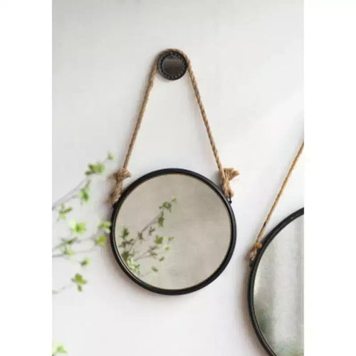 19.5 in Handsome Cleveland Mirror with Rope Strap Contemporary Design Circle Mirror with Grey Round Metal Frame for Wall Decor Bathroom, Entryway