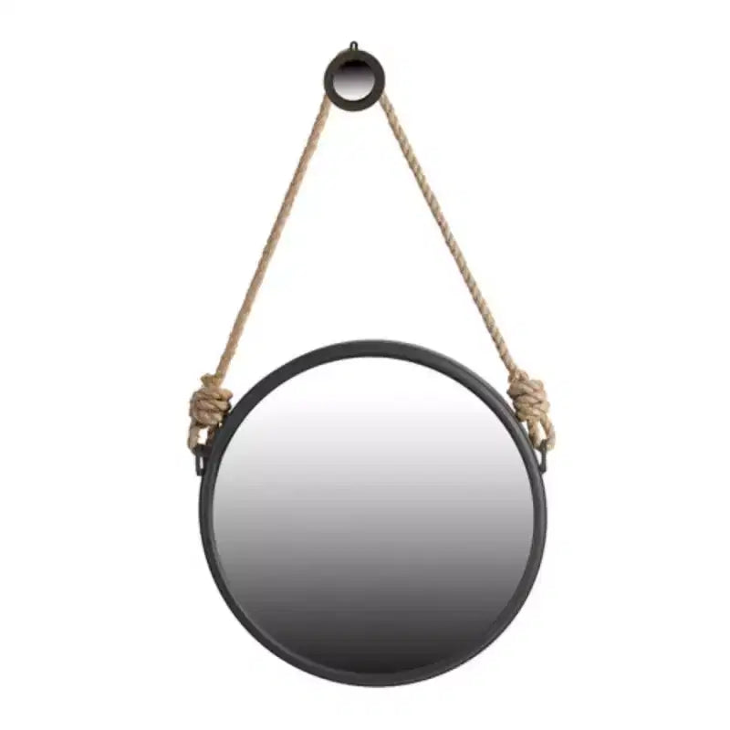 Miroir mural de 49,5 cm avec lanière en corde de style contemporain, cadre en métal gris rond, pour salle de bain, entrée ou décoration murale