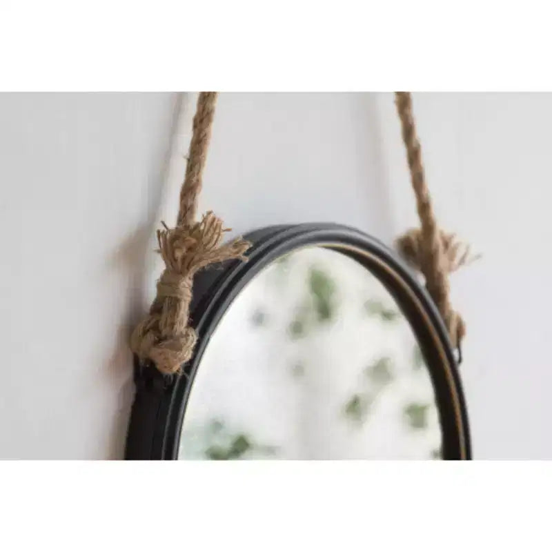 Miroir mural de 49,5 cm avec lanière en corde de style contemporain, cadre en métal gris rond, pour salle de bain, entrée ou décoration murale