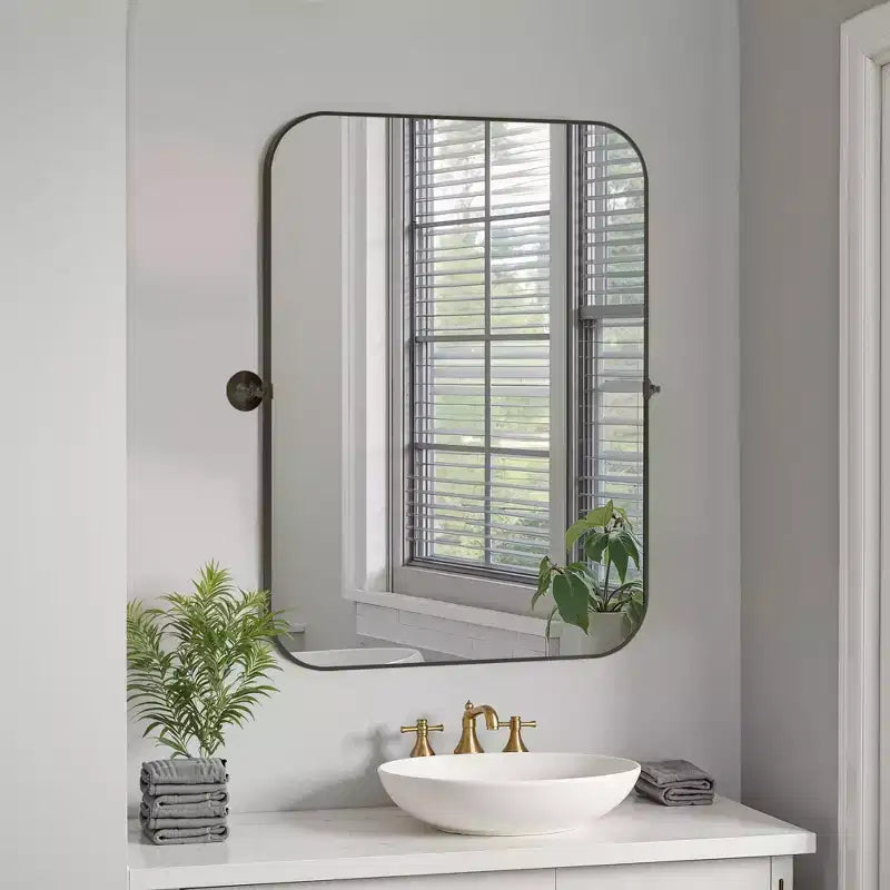 80cm Black Iron Rectangular Mirror with Rounded Corners and Rotating Hardware, 4cm Depth