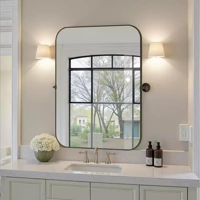 Miroir rectangulaire en fer noir de 80 cm avec coins arrondis et quincaillerie rotative, profondeur de 4 cm