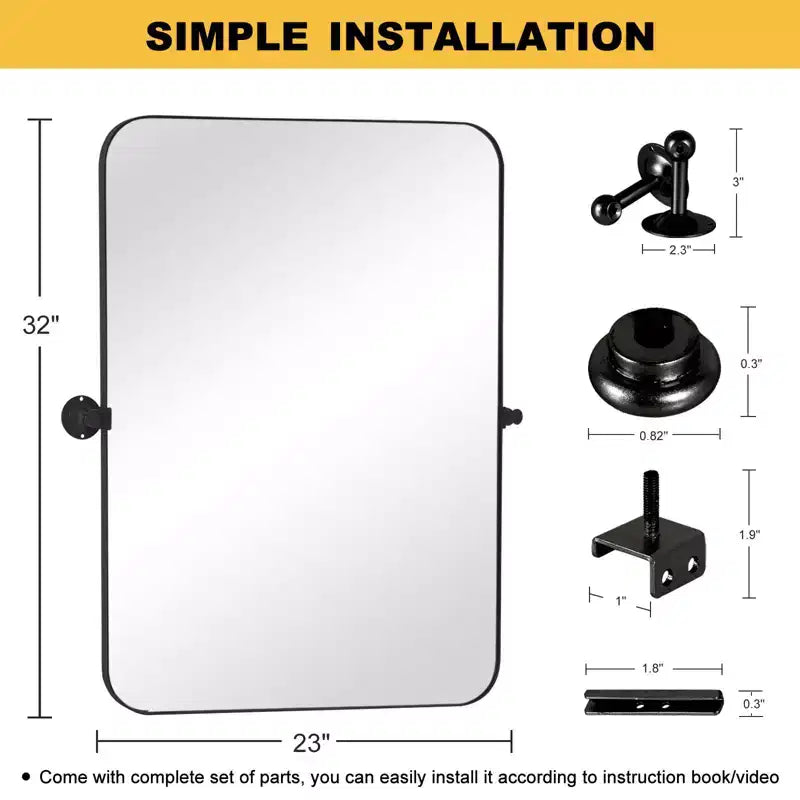 Miroir rectangulaire en fer noir de 80 cm avec coins arrondis et quincaillerie rotative, profondeur de 4 cm