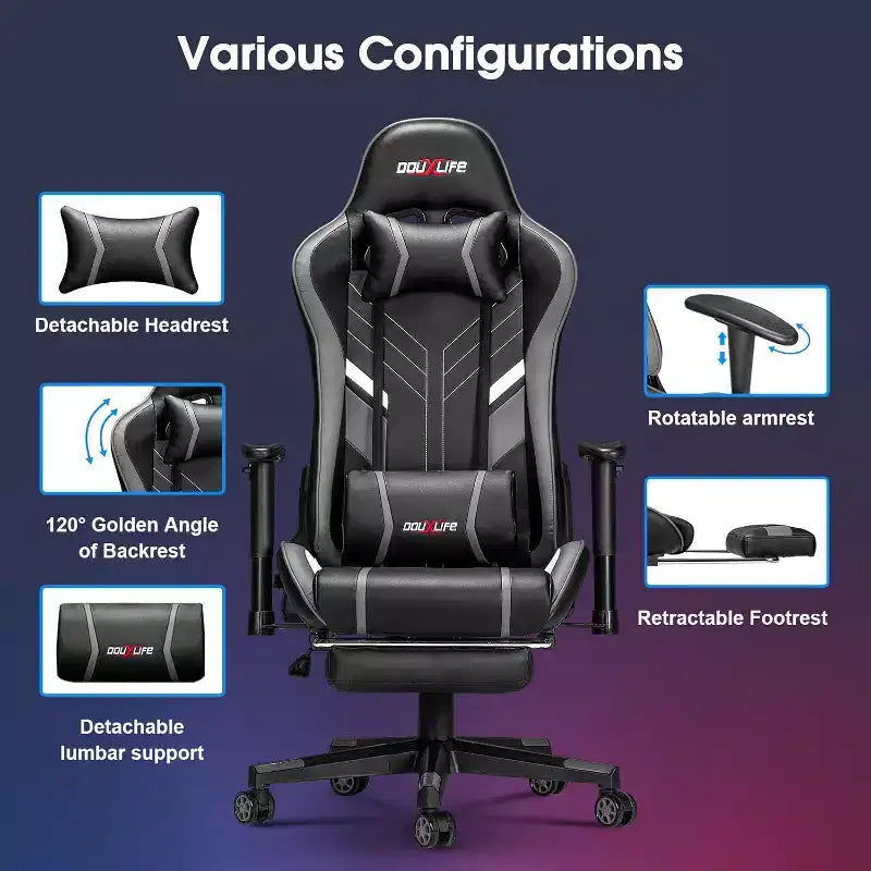 Chaise de Jeu Ergonomique Moderne avec Massage 7 Points, Repose-Pieds et Accoudoirs Réglables Noir Gris