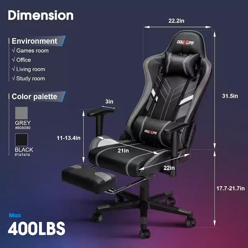 Chaise de Jeu Ergonomique Moderne avec Massage 7 Points, Repose-Pieds et Accoudoirs Réglables Noir Gris