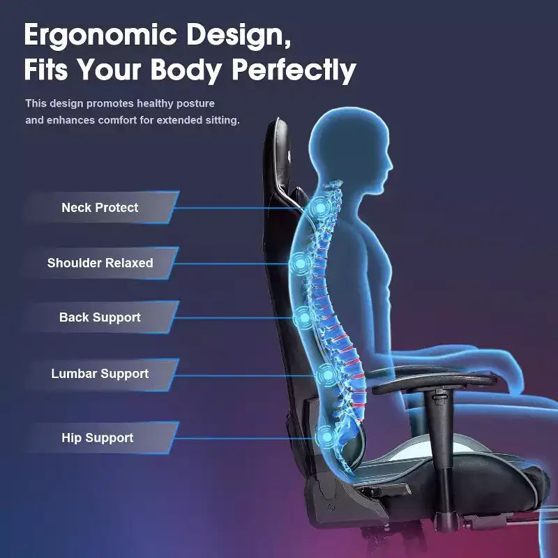 Chaise de Jeu Ergonomique Moderne avec Massage 7 Points, Repose-Pieds et Accoudoirs Réglables Noir Gris