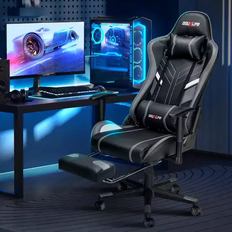 Chaise de Jeu Ergonomique Moderne avec Massage 7 Points, Repose-Pieds et Accoudoirs Réglables Noir Gris