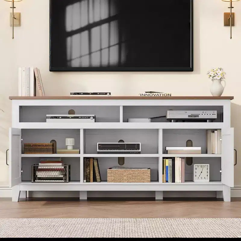 Meuble TV Moderne pour Téléviseur de 65 Pouces, Meuble à Deux Portes Semi-Ouvert avec Étagères Réglables, 8 Compartiments de Rangement
