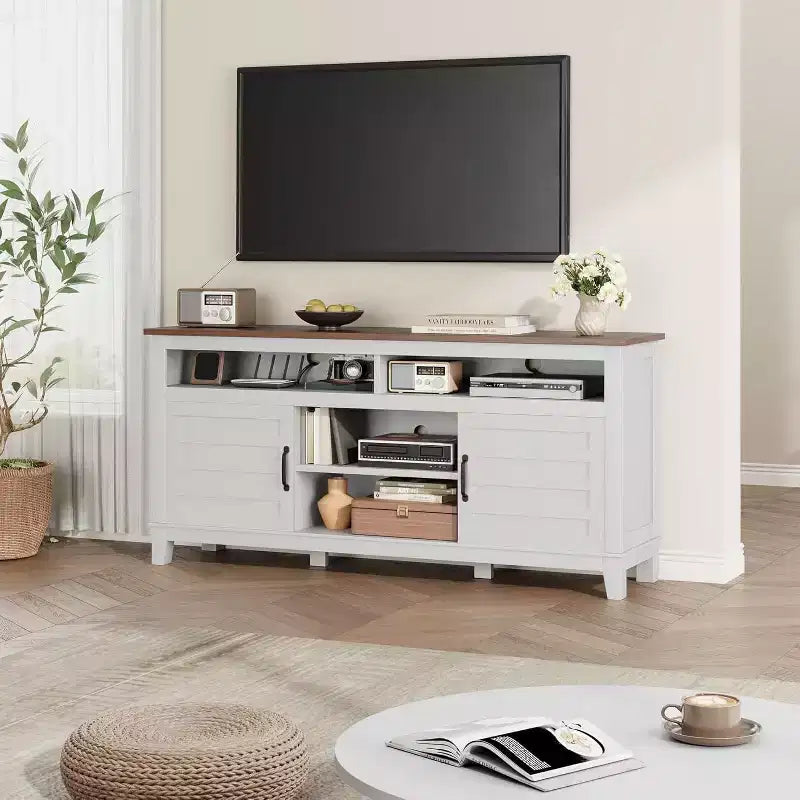 Meuble TV Moderne pour Téléviseur de 65 Pouces, Meuble à Deux Portes Semi-Ouvert avec Étagères Réglables, 8 Compartiments de Rangement