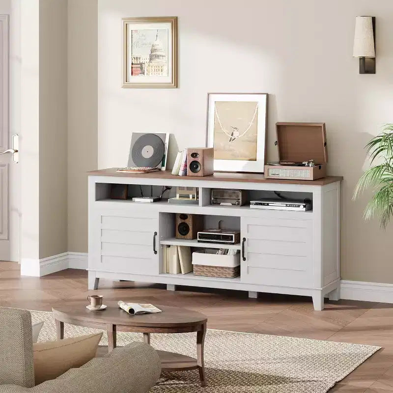 Meuble TV Moderne pour Téléviseur de 65 Pouces, Meuble à Deux Portes Semi-Ouvert avec Étagères Réglables, 8 Compartiments de Rangement