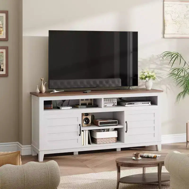 Meuble TV Moderne pour Téléviseur de 65 Pouces, Meuble à Deux Portes Semi-Ouvert avec Étagères Réglables, 8 Compartiments de Rangement