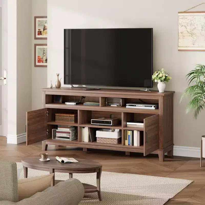 Meuble TV Moderne pour Téléviseur de 65 Pouces, Meuble à Deux Portes Semi-Ouvert avec Étagères Réglables, 8 Compartiments de Rangement