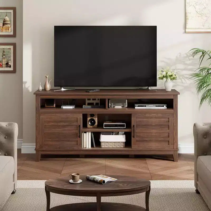 Meuble TV Moderne pour Téléviseur de 65 Pouces, Meuble à Deux Portes Semi-Ouvert avec Étagères Réglables, 8 Compartiments de Rangement