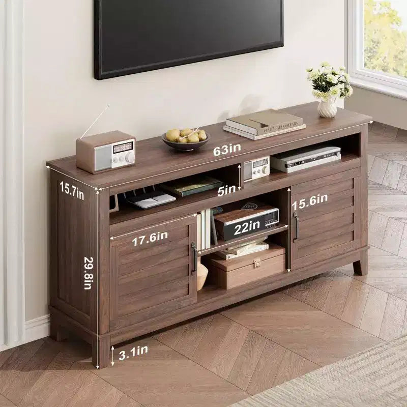 Meuble TV Moderne pour Téléviseur de 65 Pouces, Meuble à Deux Portes Semi-Ouvert avec Étagères Réglables, 8 Compartiments de Rangement