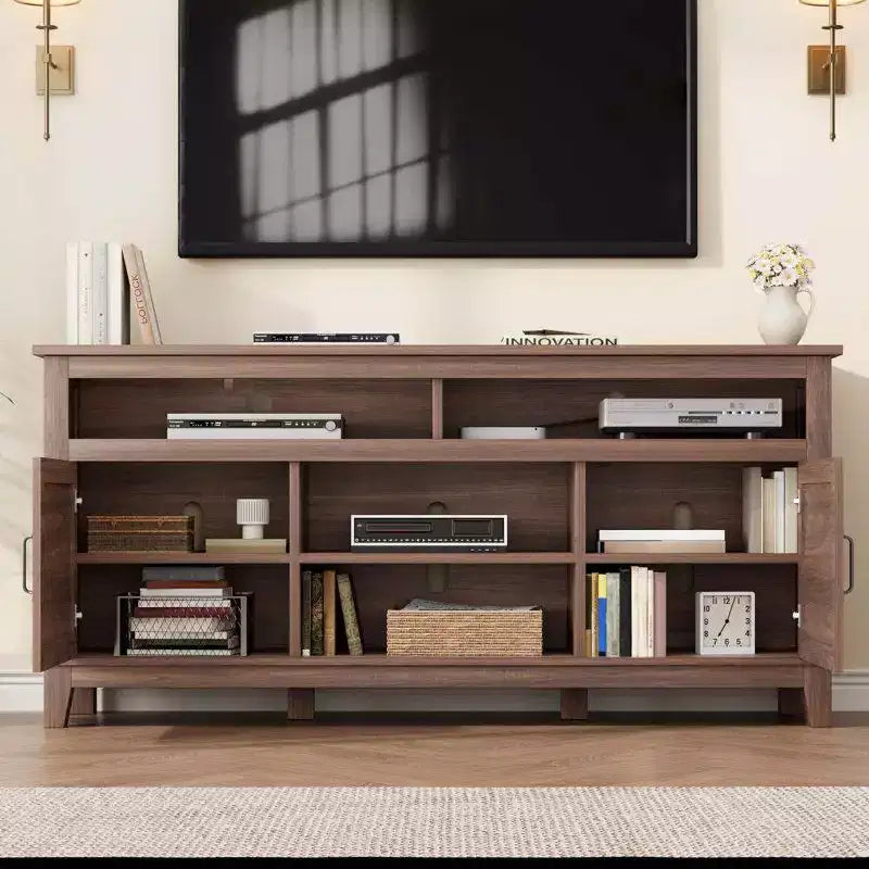 Meuble TV Moderne pour Téléviseur de 65 Pouces, Meuble à Deux Portes Semi-Ouvert avec Étagères Réglables, 8 Compartiments de Rangement