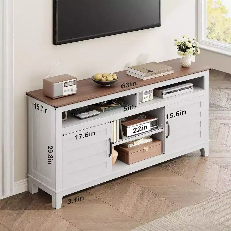 Meuble TV Moderne pour Téléviseur de 65 Pouces, Meuble à Deux Portes Semi-Ouvert avec Étagères Réglables, 8 Compartiments de Rangement
