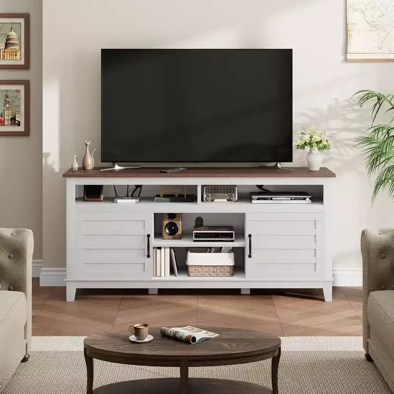 Meuble TV Moderne pour Téléviseur de 65 Pouces, Meuble à Deux Portes Semi-Ouvert avec Étagères Réglables, 8 Compartiments de Rangement