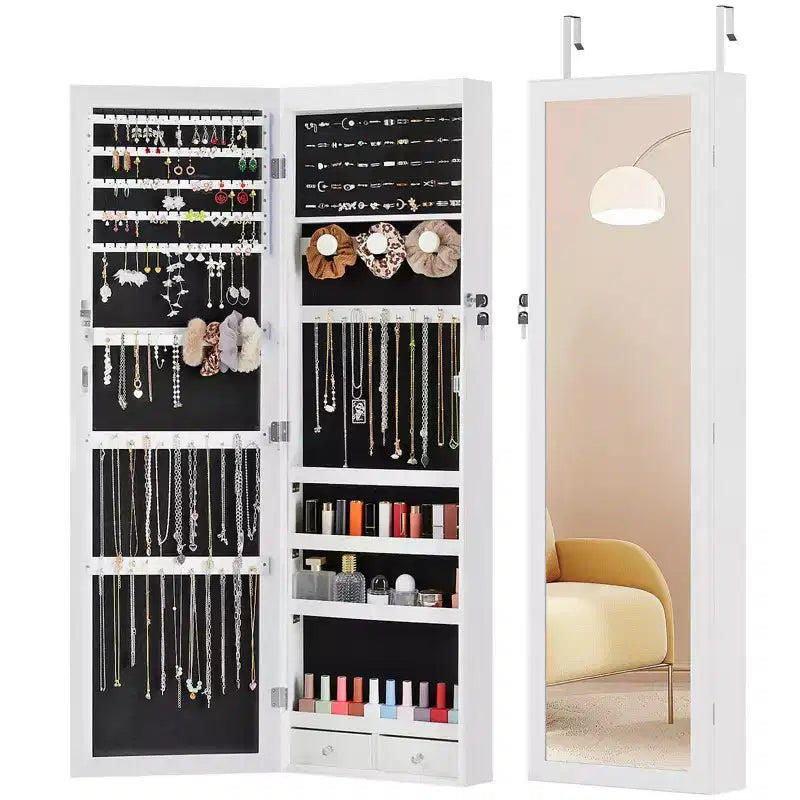 Armoire à bijoux verrouillable en MDF 119 x 28 cm, avec miroir, lumières LED et 6 tiroirs, blanc