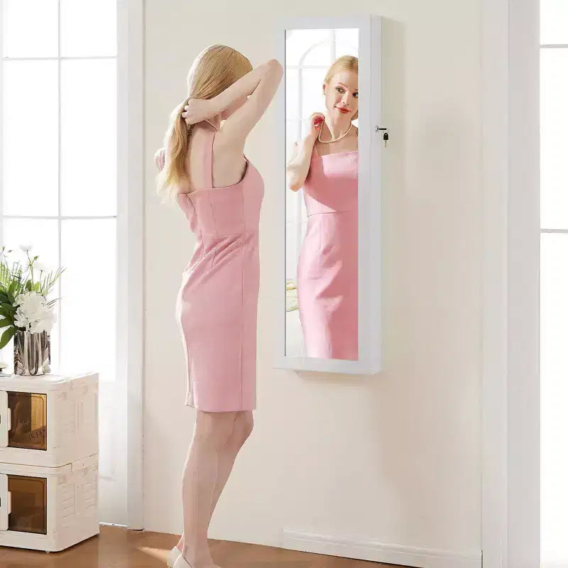 Armoire à bijoux verrouillable en MDF 119 x 28 cm, avec miroir, lumières LED et 6 tiroirs, blanc