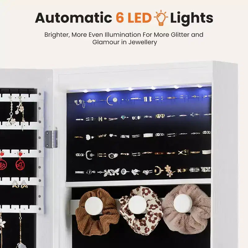 Armoire à bijoux verrouillable en MDF 119 x 28 cm, avec miroir, lumières LED et 6 tiroirs, blanc