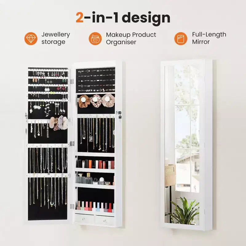 Armoire à bijoux verrouillable en MDF 119 x 28 cm, avec miroir, lumières LED et 6 tiroirs, blanc