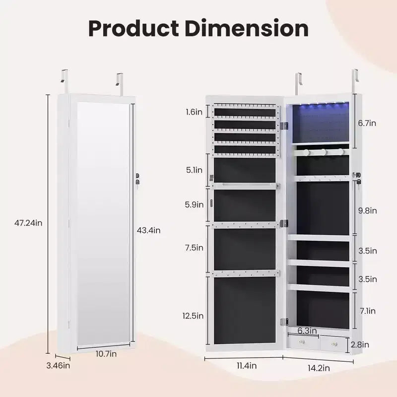Armoire à bijoux verrouillable en MDF 119 x 28 cm, avec miroir, lumières LED et 6 tiroirs, blanc