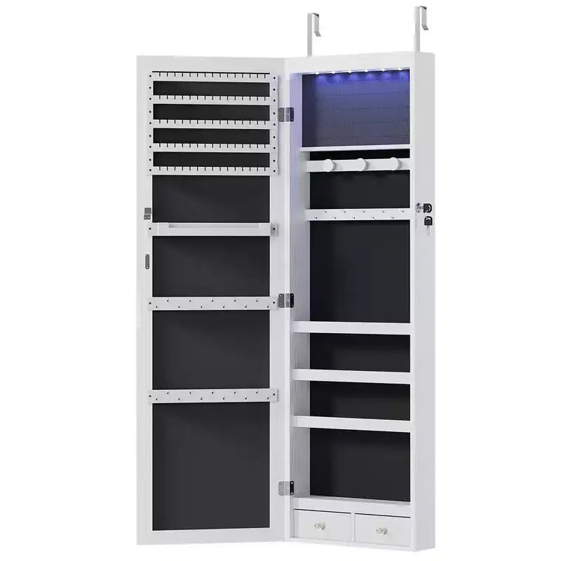 Armoire à bijoux verrouillable en MDF 119 x 28 cm, avec miroir, lumières LED et 6 tiroirs, blanc
