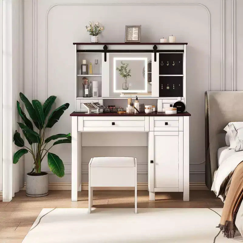 Okak Vanity Table with Lights, Farmhouse Makeup Vanity with Mirror and Lights, 41.73 Wide Vanity Table with 4 Drawers and 1 Cabinet