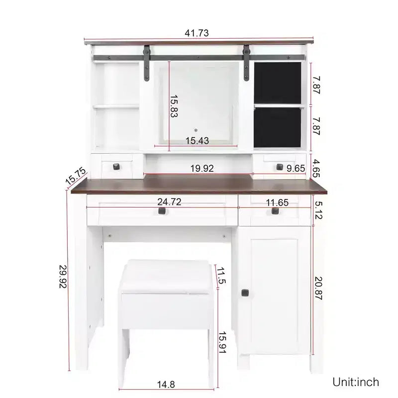 Coiffeuse avec lumières, Coiffeuse de ferme avec miroir et lumières, Coiffeuse de 106 cm de large avec 4 tiroirs et 1 placard