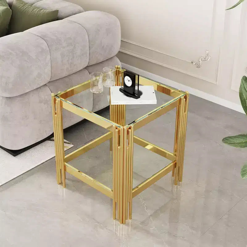 Table basse rectangulaire/carrée avec plateau en verre trempé et structure en acier pour salon/bureau, gain de place