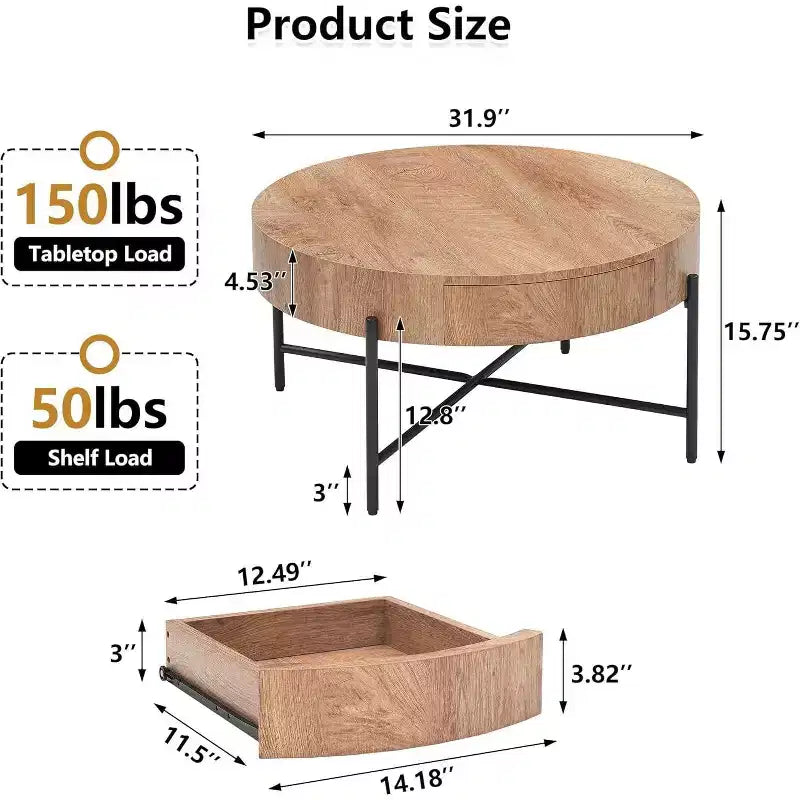 Table basse ronde avec 2 tiroirs, plateau en bois et piètement en croix en métal – Table de rangement de style ferme moderne pour salon et appartement
