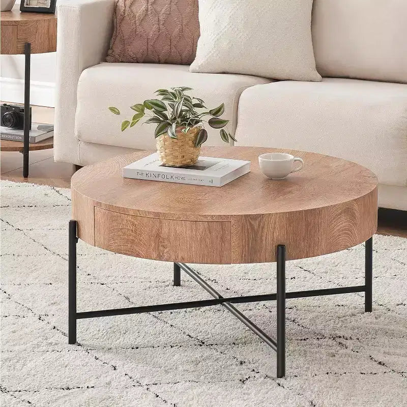 Table basse ronde avec 2 tiroirs, plateau en bois et piètement en croix en métal – Table de rangement de style ferme moderne pour salon et appartement