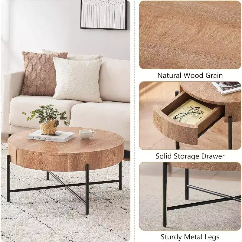 Table basse ronde avec 2 tiroirs, plateau en bois et piètement en croix en métal – Table de rangement de style ferme moderne pour salon et appartement