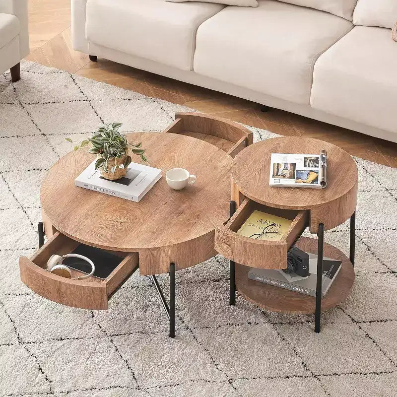 Table basse ronde avec 2 tiroirs, plateau en bois et piètement en croix en métal – Table de rangement de style ferme moderne pour salon et appartement