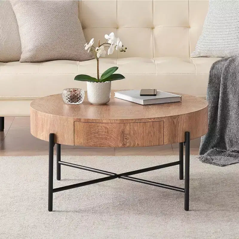 Table basse ronde avec 2 tiroirs, plateau en bois et piètement en croix en métal – Table de rangement de style ferme moderne pour salon et appartement