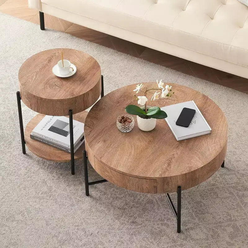 Table basse ronde avec 2 tiroirs, plateau en bois et piètement en croix en métal – Table de rangement de style ferme moderne pour salon et appartement