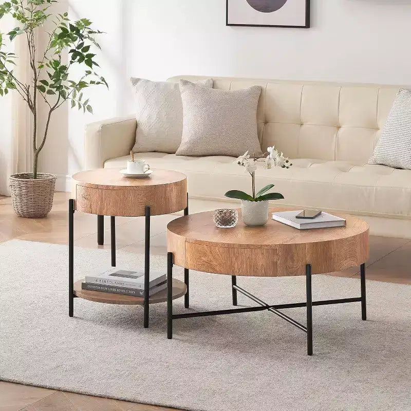 Table basse ronde avec 2 tiroirs, plateau en bois et piètement en croix en métal – Table de rangement de style ferme moderne pour salon et appartement
